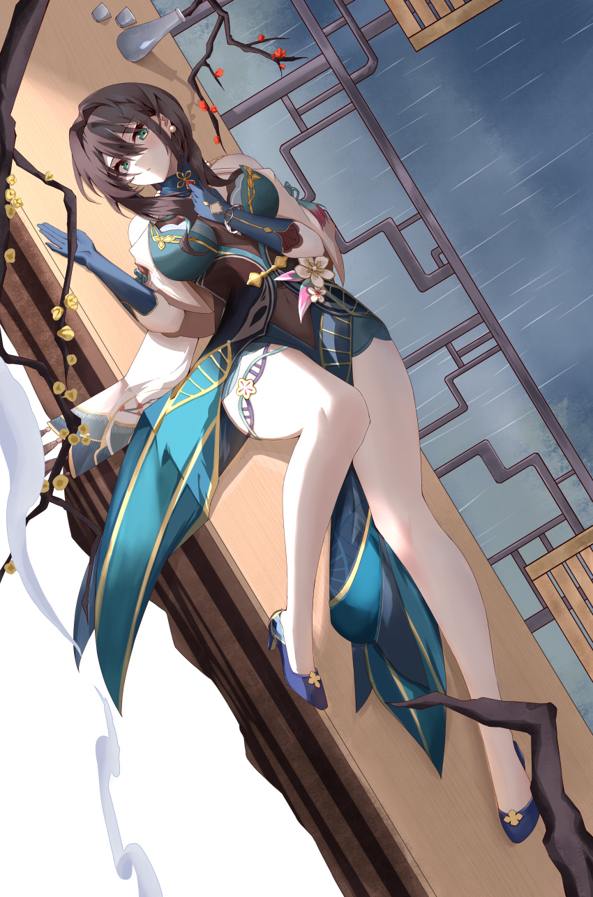 1girl absurdres aqua_dress bare_legs bare_shoulders bead_necklace beads black_hair blue_footwear blue_gloves branch breasts brown_hair chinese_clothes clothing_cutout covered_navel dress flower full_body gloves green_dress green_eyes high_heels highres honkai:_star_rail honkai_(series) jewelry katal large_breasts lattice legs long_hair looking_at_viewer lying medium_breasts necklace on_back plum_blossoms rain ruan_mei_(honkai:_star_rail) shoulder_cutout solo thighs