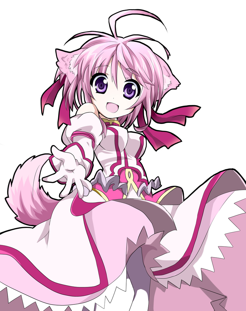 ahoge animal_ears breasts dog_days dog_ears dog_girl dog_tail dress highres medium_breasts millhiore_f_biscotti outstretched_hand pink_hair purple_eyes short_hair smile solo tail yukito_(hu-y1210)