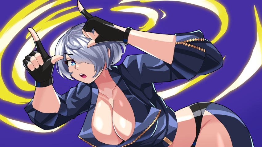 1girl angel_(kof) backless_pants blue_eyes bra breasts chaps cleavage crop_top cropped_jacket fingerless_gloves gloves hair_over_one_eye highres horns_pose index_fingers_raised jacket large_breasts leather leather_jacket looking_at_viewer midriff navel panties pants short_hair snk solo strapless strapless_bra the_king_of_fighters the_king_of_fighters_xiv toned underwear white_hair zer0z_vi