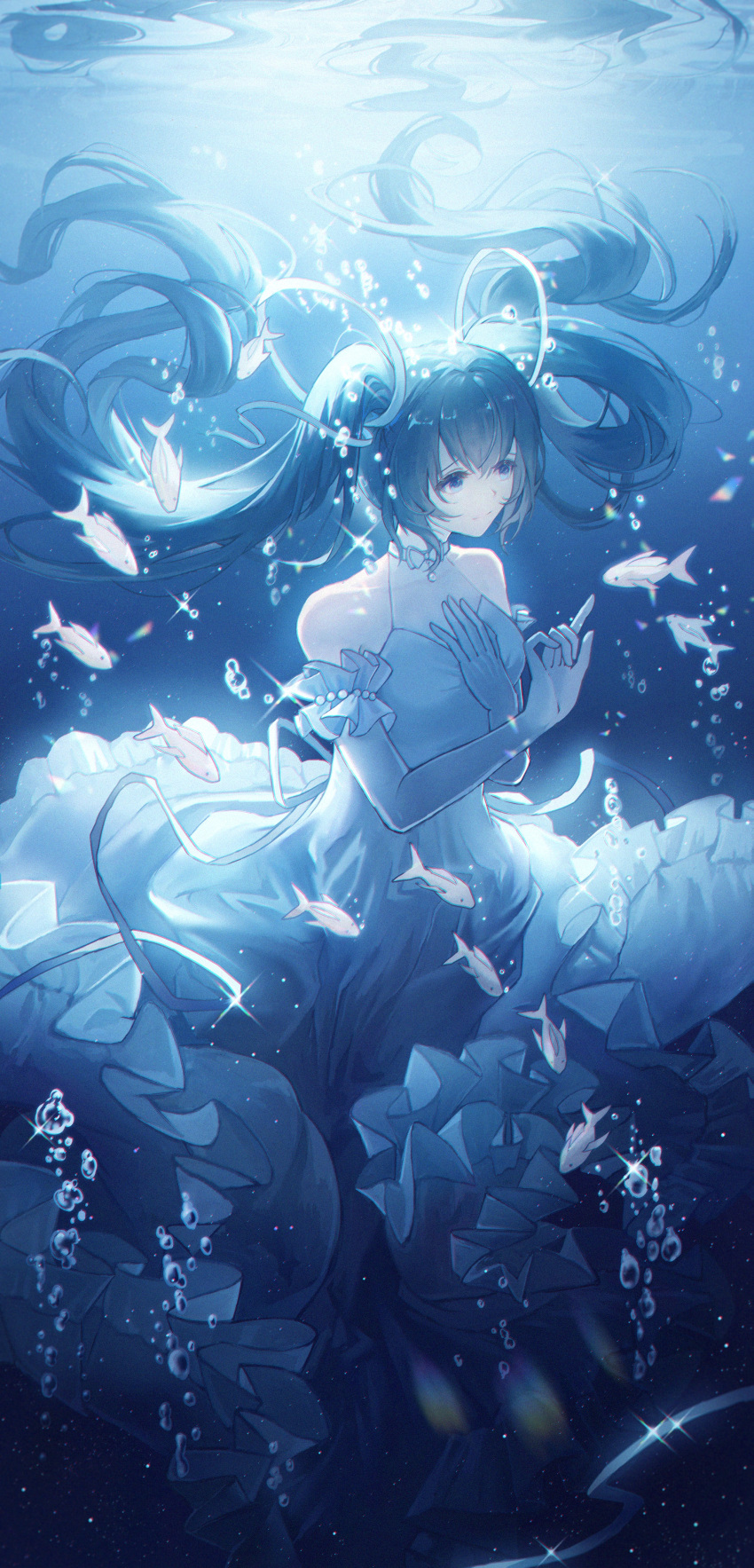 1girl absurdly_long_hair absurdres air_bubble blue_eyes blue_hair bubble dress elbow_gloves fish floating_hair gloves grey_dress grey_gloves hair_between_eyes hair_ornament hatsune_miku highres ji_ye_fan_sheng long_dress long_hair sleeveless sleeveless_dress solo twintails underwater very_long_hair vocaloid