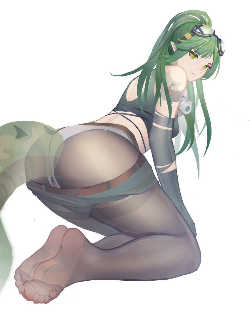 1girl absurdres arknights ass bare_shoulders belt black_gloves black_pantyhose breasts brown_belt chinese_commentary closed_mouth clothes_pull commentary_request crocodilian_tail crop_top elbow_gloves feet gavial_(arknights) gavial_the_invincible_(arknights) gloves goggles goggles_on_head green_eyes green_hair green_tail grey_panties highres kneeling long_hair looking_at_viewer looking_back mask mask_around_neck no_shoes panties panties_under_pantyhose pantyhose pointy_ears ponytail short_shorts shorts shorts_pull simple_background soles solo tail thighband_pantyhose thighs toes underwear white_background white_panties yisheng_yishise