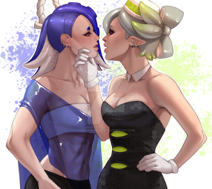 2girls annasassiart bare_arms bare_shoulders black_dress blue_hair breasts cleavage commentary commission dress gloves highres long_hair marie_(splatoon) midriff multiple_girls parted_lips pointy_ears see-through shawl shiver_(splatoon) small_breasts splatoon_(series) splatoon_3 strapless strapless_dress tube_top upper_body white_background white_gloves