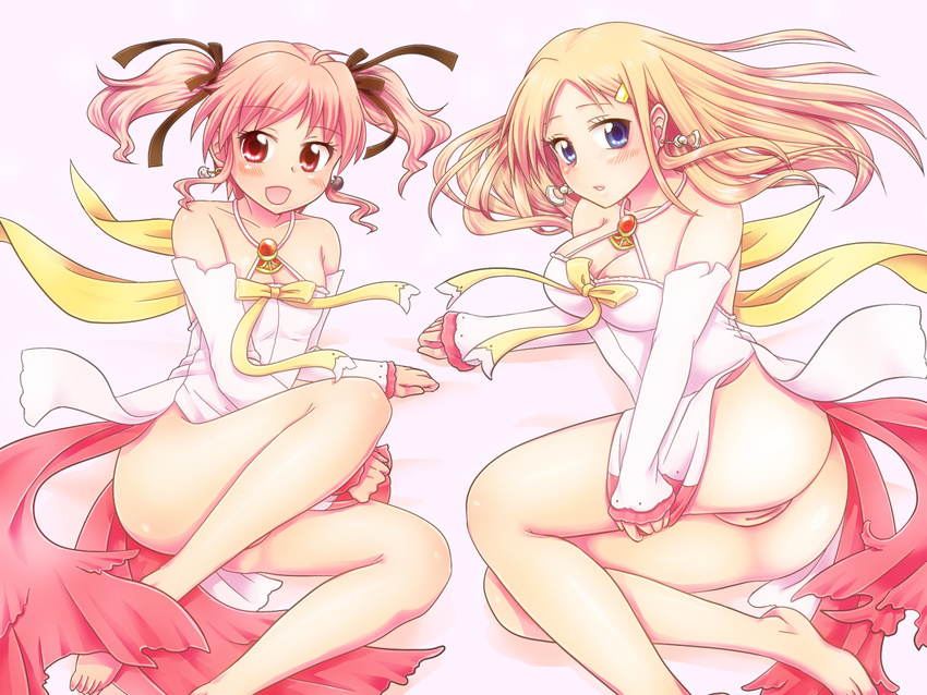 agnes_boulange ass bare_legs barefoot blonde_hair blue_eyes bow breasts brown_hair carina_verritti earrings jewelry long_hair medium_breasts multiple_girls open_mouth pussy shinkai_kiiro shukufuku_no_campanella smile twintails