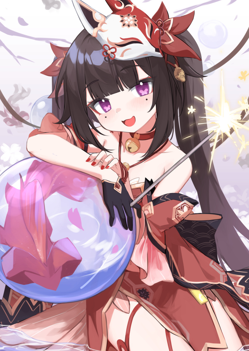 1girl absurdres bare_shoulders bell black_gloves butterfly-shaped_pupils collarbone criss-cross_halter dress facial_mark fish fox_mask gloves goldfish hair_between_eyes hair_ornament halterneck highres holding_fireworks honkai:_star_rail honkai_(series) klaius looking_at_viewer mask mask_on_head multiple_moles neck_bell obi open_mouth purple_eyes red_dress red_nails sash single_glove smile solo sparkle_(honkai:_star_rail) symbol-shaped_pupils
