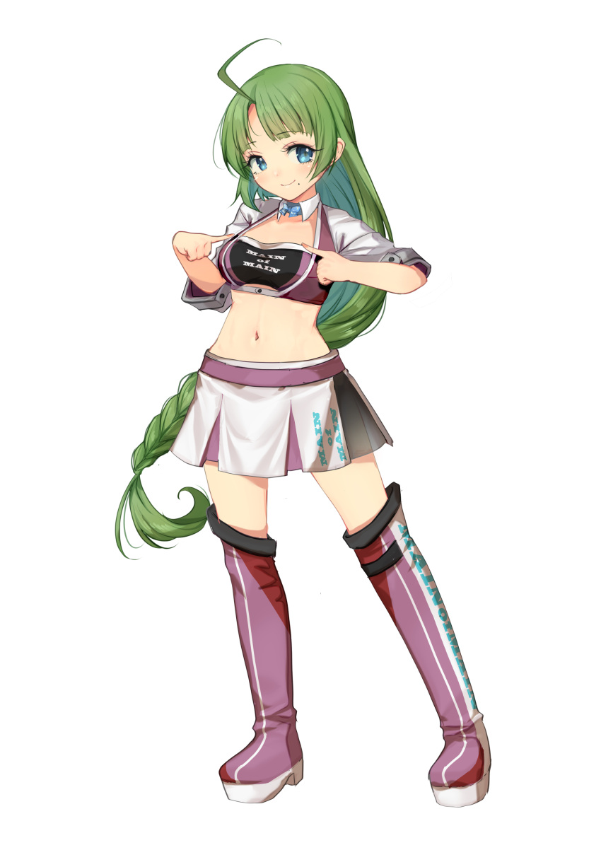 1girl absurdres ahoge bandeau blue_eyes boots braid breasts crop_top full_body green_hair highres kantai_collection long_hair medium_breasts midriff mole mole_under_mouth pink_bandeau race_queen simple_background single_braid skirt smile thigh_boots very_long_hair white_background yashin_(yasinz) yuugumo_(kancolle)