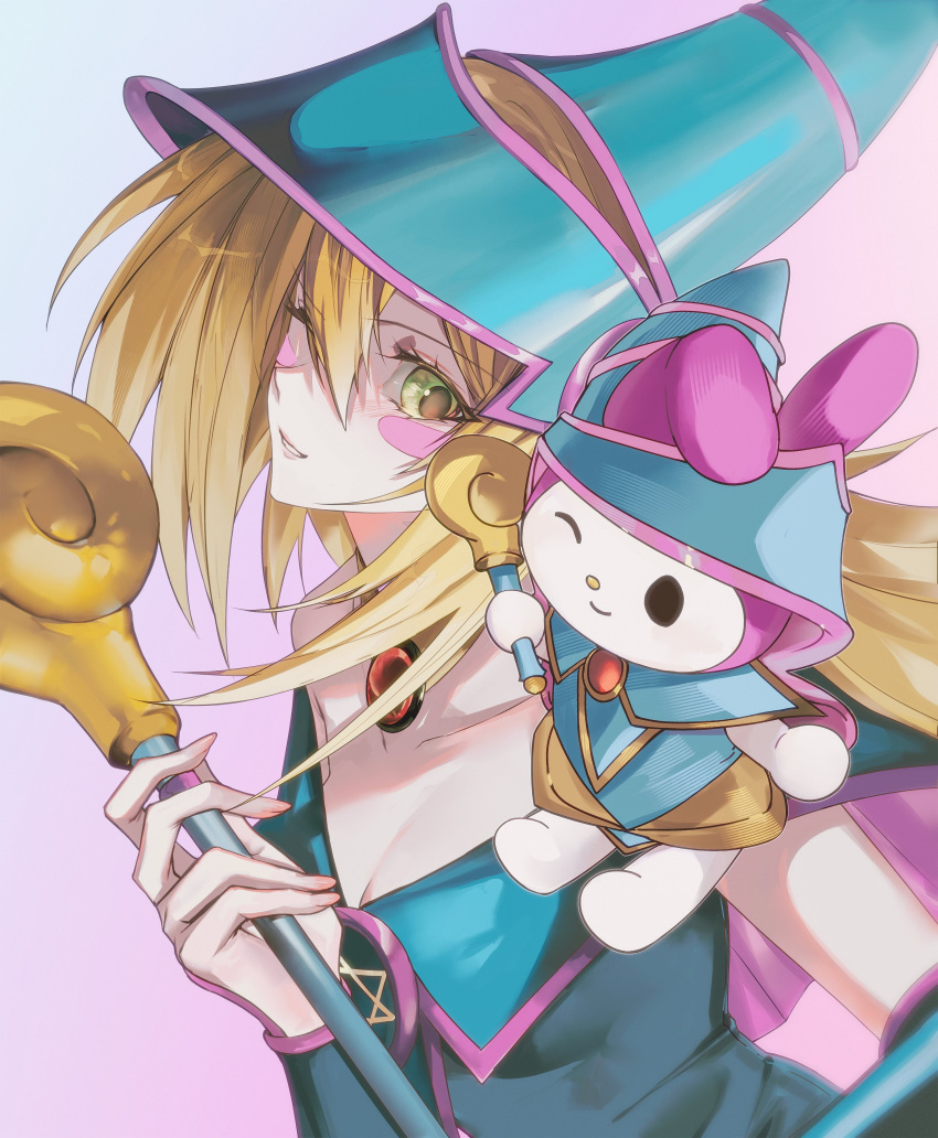 1girl absurdres bare_shoulders blonde_hair blush blush_stickers breasts choker cleavage dark_magician_girl duel_monster green_eyes hair_between_eyes hat highres holding holding_wand large_breasts long_hair my_melody sanrio smile staff uuu_ygo wand wizard_hat yu-gi-oh! yu-gi-oh!_duel_monsters
