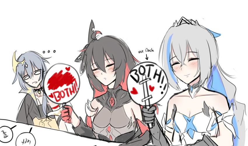 ... 3girls absurdres arrow_(symbol) black_hair black_jacket blush breasts bronya_zaychik bronya_zaychik_(herrscher_of_truth) cleavage closed_eyes closed_mouth dress english_text fu_hua fu_hua_(herrscher_of_sentience) gloves grey_dress grey_hair hair_between_eyes hakuky half_gloves heart highres holding honkai_(series) honkai_impact_3rd jacket long_hair multicolored_hair multiple_girls red_gloves red_hair scorecard seele_(alter_ego) seele_vollerei seele_vollerei_(starchasm_nyx) simple_background small_breasts smile strapless strapless_dress two-tone_hair upper_body white_background white_dress