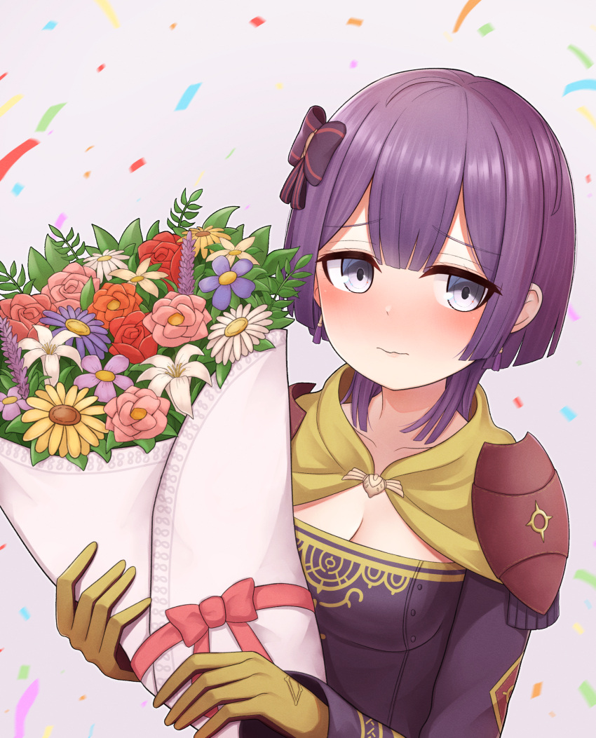 1girl absurdres armor atorie bernadetta_von_varley blush bob_cut bouquet closed_mouth collarbone commentary_request confetti dress fire_emblem fire_emblem:_three_houses flower gloves grey_eyes hair_ribbon highres holding holding_bouquet leaf looking_at_viewer pauldrons purple_dress purple_flower purple_hair purple_ribbon red_flower ribbon short_hair shoulder_armor simple_background solo white_background white_flower yellow_flower yellow_gloves