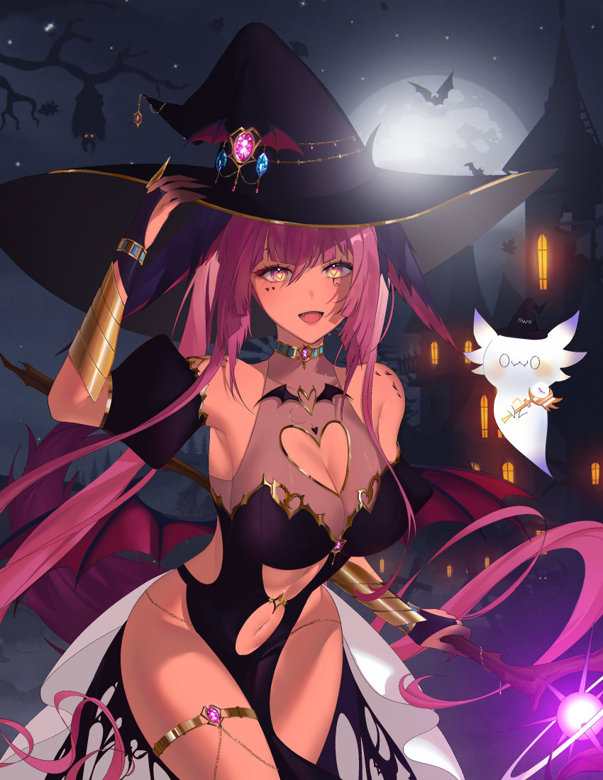 1girl absurdres artist_request bat_(animal) black_dress black_hat blue_gemstone branch breasts castle cleavage clothing_cutout dark-skinned_female dark_skin dress facial_mark full_moon gem hand_on_headwear hat heart heart-shaped_pupils heart_cutout heart_facial_mark highres holding holding_staff indie_virtual_youtuber long_hair moon navel night night_sky pelvic_curtain pink_gemstone pink_hair second-party_source sky solo staff stomach_cutout symbol-shaped_pupils thigh_strap trickywi very_long_hair virtual_youtuber witch_hat yellow_eyes