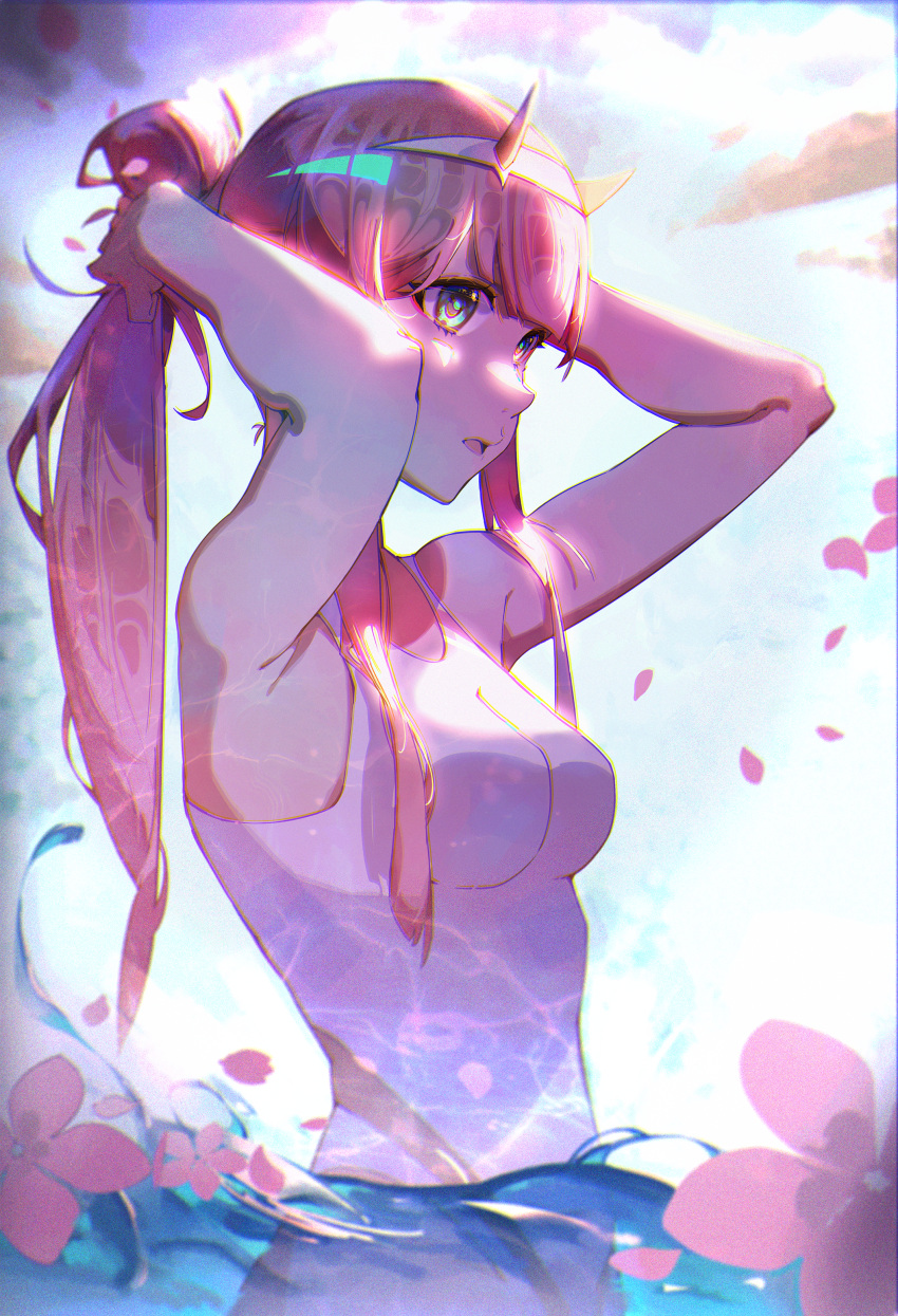 1girl absurdres arms_up bare_arms blue_eyes blunt_bangs breasts darling_in_the_franxx flower hairband highres horns long_hair medium_breasts one-piece_swimsuit open_mouth outdoors partially_submerged pink_flower pink_hair solo swimsuit tying_hair upper_body very_long_hair white_hairband white_one-piece_swimsuit xiao_gu_wang zero_two_(darling_in_the_franxx)