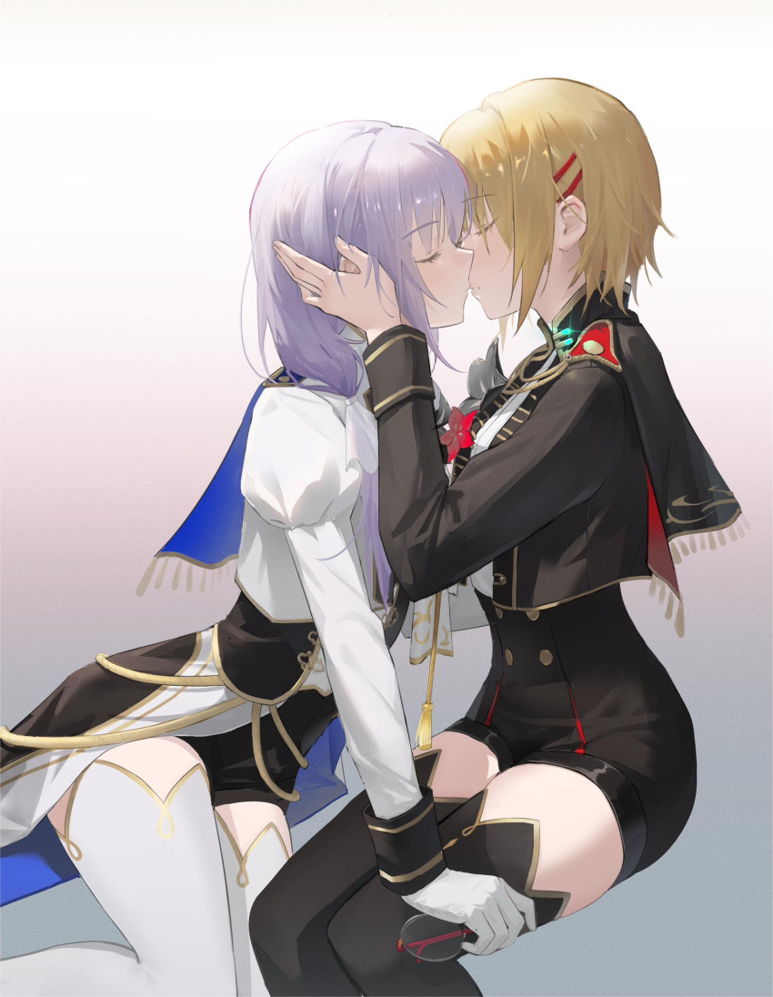 2girls akira_xiaoming black_thighhighs blonde_hair buttons cape closed_eyes cropped_jacket double-breasted grey_hair hair_ornament heaven_burns_red highres izumi_yuki_(heaven_burns_red) jacket kayamori_ruka kiss long_hair long_sleeves multiple_girls second-party_source short_hair thighhighs white_thighhighs yuri