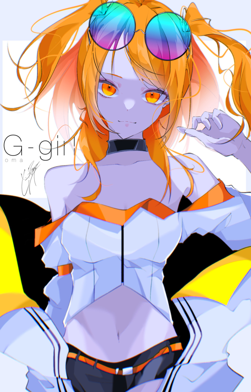 1girl absurdres bare_shoulders black_choker black_shorts choker closed_mouth english_text eyewear_on_head goma_irasuto highres long_hair looking_at_viewer navel orange_eyes orange_hair orange_theme original shorts simple_background stomach sunglasses white_background