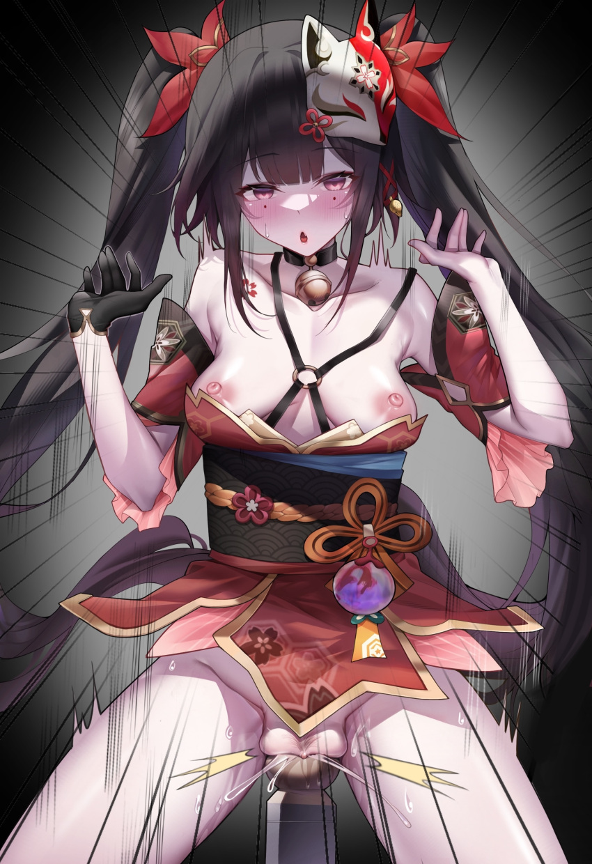 18377144375deadpool 1girl absurdres bell black_gloves black_hair blush breasts breasts_out cunt_punt earrings empty_eyes fish gloves hair_ornament highres honkai:_star_rail honkai_(series) japanese_clothes jewelry long_hair mask neck_bell nipples no_panties pelvic_curtain pussy pussy_juice red_eyes simple_background solo sparkle_(honkai:_star_rail) spread_legs