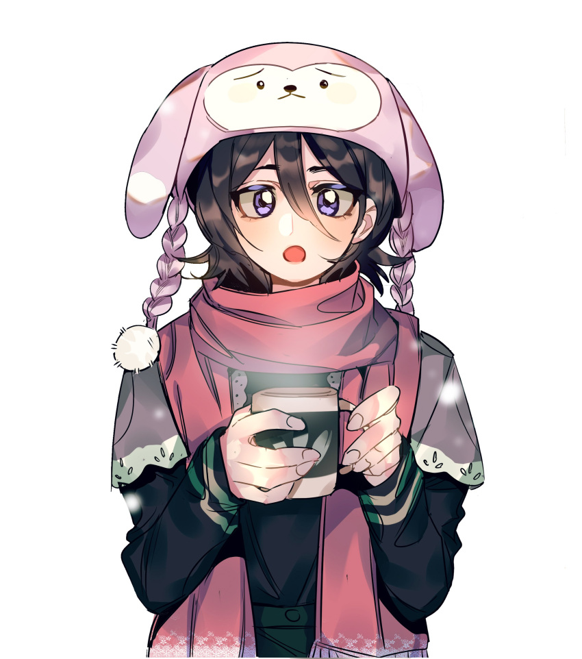 1girl absurdres animal_ear_headwear animal_hat black_hair bleach chappy cup hair_between_eyes hat highres holding holding_cup kuchiki_rukia long_sleeves looking_at_viewer mug open_mouth pink_scarf purple_eyes scarf shawl solo steam upper_body white_background winter_clothes xi_luo_an_ya