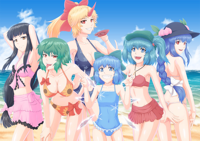 alternate_hairstyle armpits arms_up back bare_shoulders beach bikini black_hair blonde_hair blue_hair braid breasts casual_one-piece_swimsuit cirno cleavage cup day food fruit hair_bobbles hair_ornament hanging_breasts hat hinanawi_tenshi holding horn hoshiguma_yuugi houraisan_kaguya kawashiro_nitori kazami_yuuka large_breasts leaning_forward long_hair multiple_girls nazal one-piece_swimsuit peach sakazuki short_hair single_braid swimsuit thong_bikini touhou two_side_up v very_long_hair