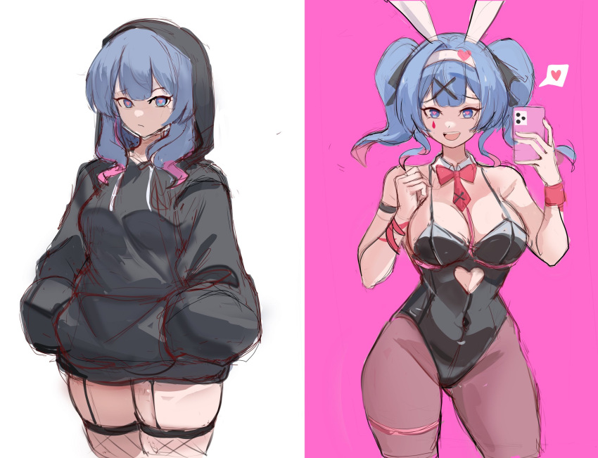 1girl animal_ears bare_shoulders black_hoodie black_leotard black_pantyhose black_ribbon blue_eyes blue_hair bow bowtie breasts clothing_cutout covered_navel cutout_above_navel detached_collar fake_animal_ears fishnet_thighhighs fishnets garter_straps hair_ornament hair_ribbon hairband hands_in_pocket hatsune_miku heart heart-shaped_pupils heart_cutout highleg highleg_leotard highres hood hood_up hoodie large_breasts leotard medium_hair multicolored_hair multiple_views necktie open_mouth pantyhose pink_background pink_bow pink_bowtie pink_hair pink_necktie pink_pupils rabbit_ears rabbit_hole_(vocaloid) rakeemspoon ribbon selfie sketch smile spaghetti_strap spoken_heart streaked_hair symbol-shaped_pupils teardrop_facial_mark teeth thighhighs twintails two-tone_hair upper_teeth_only white_background white_hairband x_hair_ornament