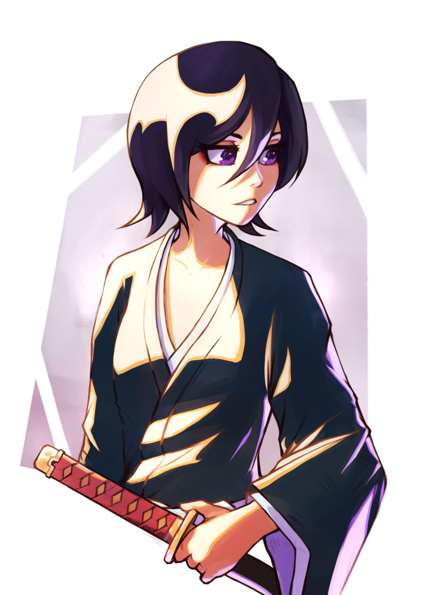 1girl absurdres black_hair black_kimono bleach hair_between_eyes highres holding holding_sheath japanese_clothes kimono kuchiki_rukia long_bangs long_sleeves looking_to_the_side parted_lips purple_eyes reisonant sheath sheathed short_hair solo sword upper_body weapon wide_sleeves