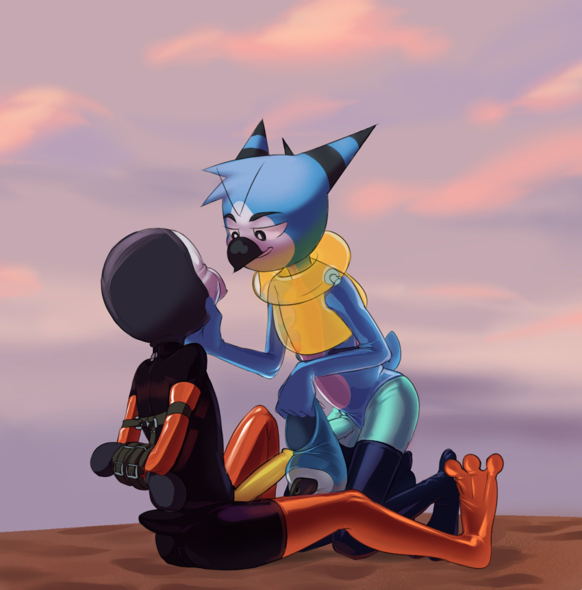 anthro arms_tied avian bird black_body black_fur blue_body blue_fur bound duo fur hand_behind_back hi_res holding_cheek looking_at_another looking_at_partner male male/male owl owy pool_toy power_bottom slim_anthro slim_dom slim_male slim_sub