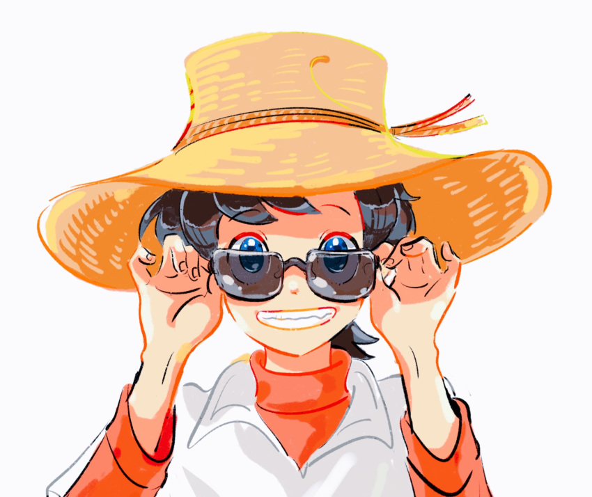 adjusting_eyewear black_hair blue_eyes hat highres looking_at_viewer mihira_sanpei oh3ru outdoors red_shirt shirt simple_background smile straw_hat sun_hat sunglasses tsurikichi_sanpei upper_body white_background