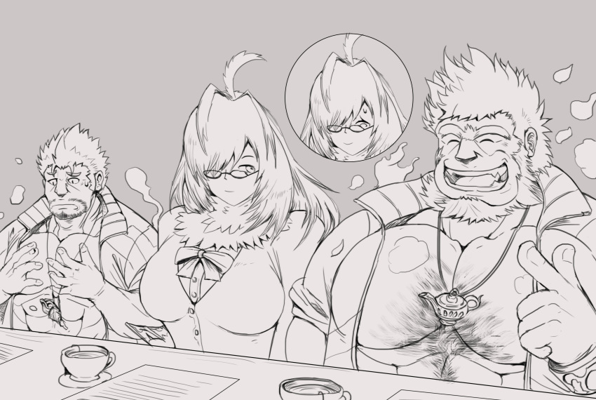 1girl 2boys :d absurdres bara bare_pectorals beard breast_conscious breast_envy breasts comparison eru_(eruprior) facial_hair feathered_wings full_beard girl_staring_at_guys_chest_(meme) glasses greyscale happy harpy highres jacket jewelry jinn_(housamo) large_breasts large_pectorals looking_at_another mature_male meme monochrome monster_girl multiple_boys muscular muscular_male neck_fur necklace pectorals pointing pointing_at_self shell shell_necklace short_hair size_difference smile strongman_waist thick_beard thick_chest_hair tokyo_afterschool_summoners track_jacket unibrow upper_body wings ziz_(housamo)