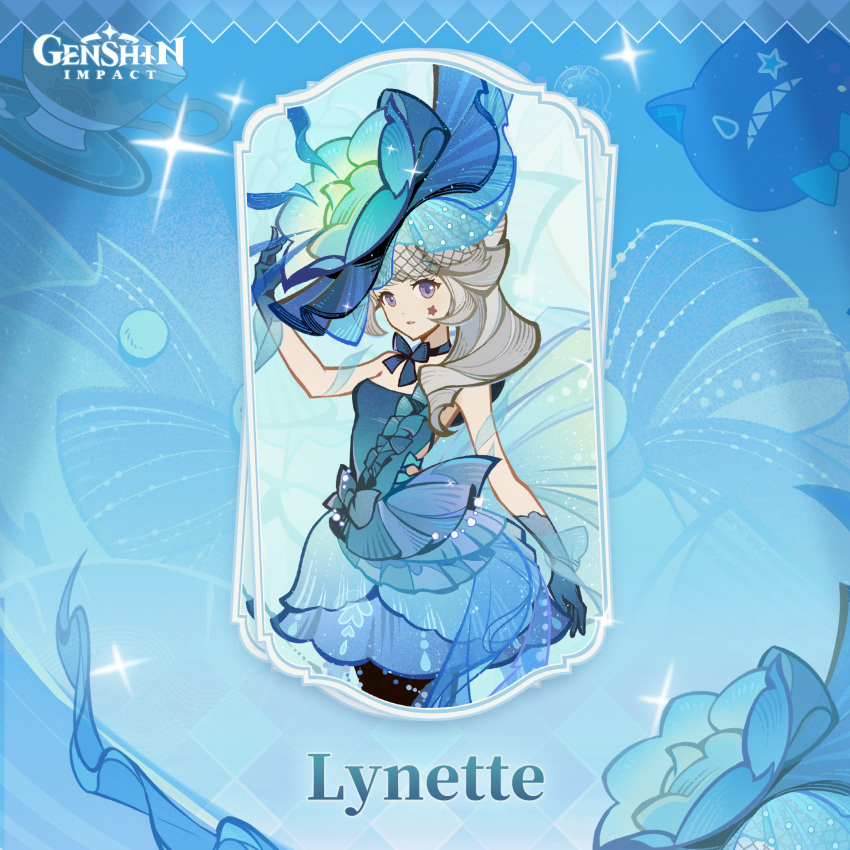 1girl bare_shoulders blue_background bow breasts choker cup facial_mark genshin_impact hat highres huge_bow long_hair looking_at_viewer lynette_(genshin_impact) official_alternate_costume official_art open_mouth parted_lips purple_eyes small_breasts star_(symbol) star_facial_mark star_tattoo tattoo teacup upper_body