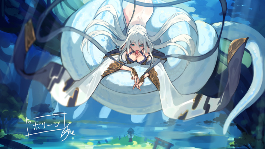 1girl animal ass breasts bridal_gauntlets cleavage commentary_request commission dress forked_tongue hair_between_eyes lamia lansane large_breasts long_hair long_tail long_tongue looking_at_viewer lying monster_girl original outdoors signature tail tongue tongue_out torii very_long_hair white_dress white_hair wide_sleeves