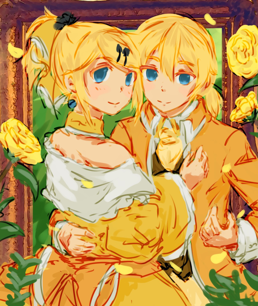 1boy 1girl aku_no_meshitsukai_(vocaloid) aku_no_musume_(vocaloid) allen_avadonia ascot bare_shoulders blonde_hair blue_eyes bow brother_and_sister choker collared_jacket collared_shirt colored_eyelashes dress dress_bow dress_ribbon earrings falling_petals flower frilled_dress frills hair_between_eyes hair_bow hair_ornament hairclip hand_on_another's_back hand_on_another's_chest hand_on_another's_waist high_ponytail highres jacket jewelry kagamine_len kagamine_rin long_sleeves looking_at_viewer looking_back off-shoulder_dress off_shoulder orange_bow orange_jacket petals picture_frame puffy_sleeves punkish riliane_lucifen_d'autriche rose shirt short_ponytail siblings smile swept_bangs turning_head twins updo vocaloid white_shirt wide_sleeves yellow_ascot yellow_bow yellow_choker yellow_flower yellow_rose