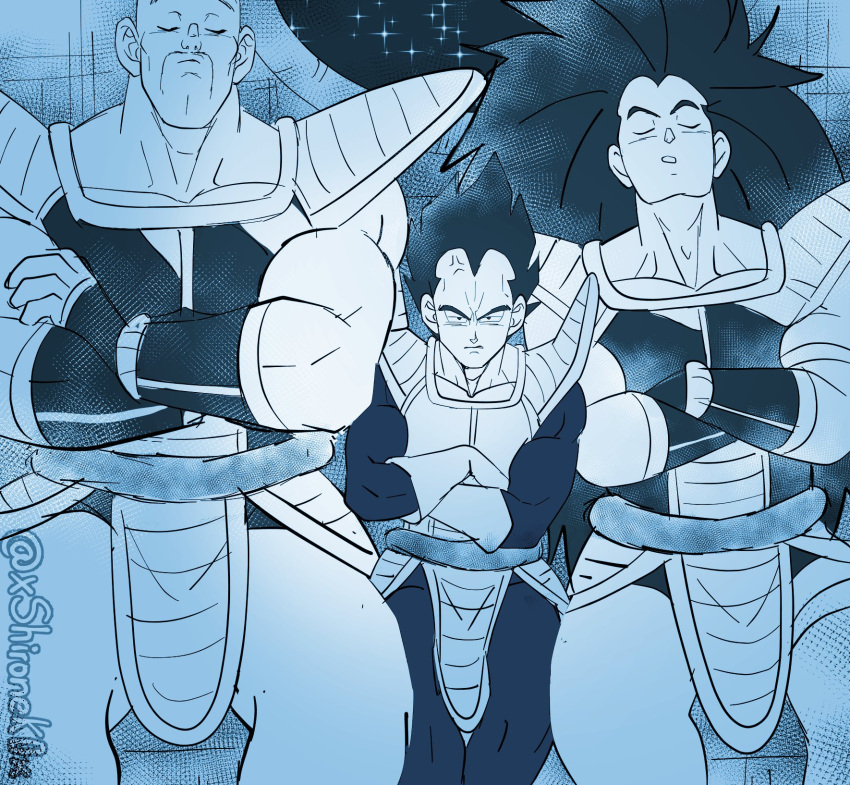 annoyed bald blue_theme crossed_arms dragon_ball dragon_ball_z english_commentary highres long_hair male_focus manspreading muscular muscular_male nappa pelvic_curtain raditz receding_hairline saiyan_armor shironek0 side-by-side sitting sky sleeping spiked_hair spread_legs star_(sky) starry_sky thick_eyebrows thighs vegeta very_long_hair