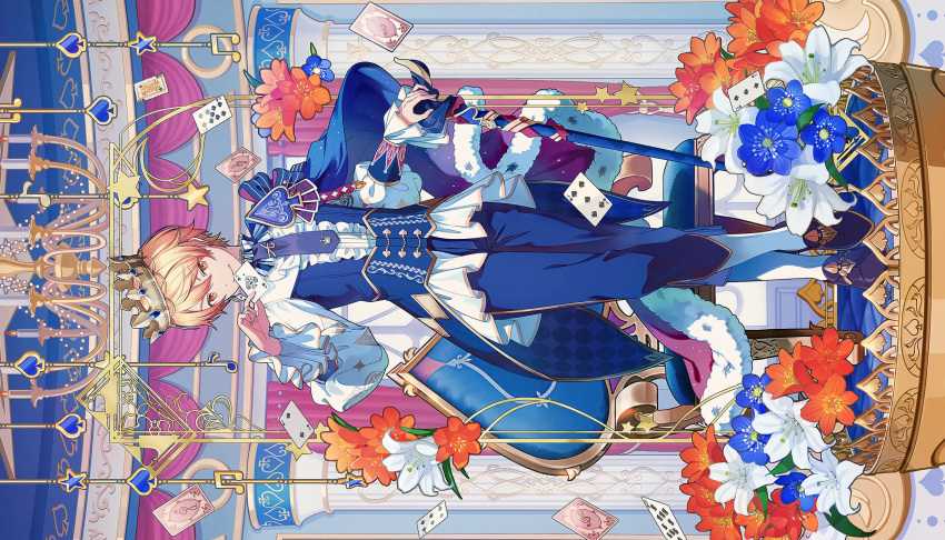 1boy ace_(playing_card) ace_of_spades aristocratic_clothes blue_flower blue_theme card closed_mouth colorful_palette crossed_ankles crown flower full_body highres holding holding_card hoshi_o_mezashite_yoosoroo!_(project_sekai) long_sleeves looking_at_viewer official_alternate_costume official_art orange_flower playing_card project_sekai short_hair sideways smile solo spade_(shape) standing tailcoat tenma_tsukasa treble_clef white_flower