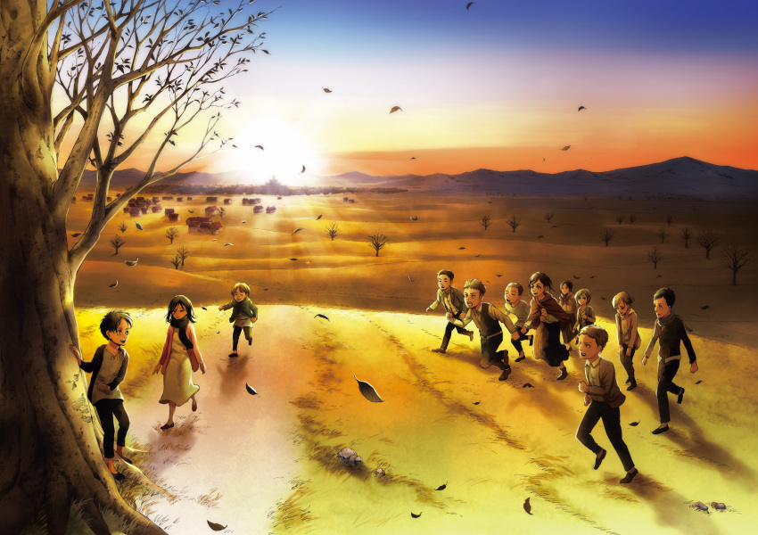 4girls 6+girls absurdres aged_down annie_leonhart armin_arlert bare_tree bertolt_hoover child connie_springer eren_yeager full_body grass highres isayama_hajime jean_kirstein krista_lenz male_focus marco_bott mikasa_ackerman mountainous_horizon multiple_girls official_art petra_ral reiner_braun running sasha_blouse shingeki_no_kyojin short_hair sunset tree village ymir_(shingeki_no_kyojin)