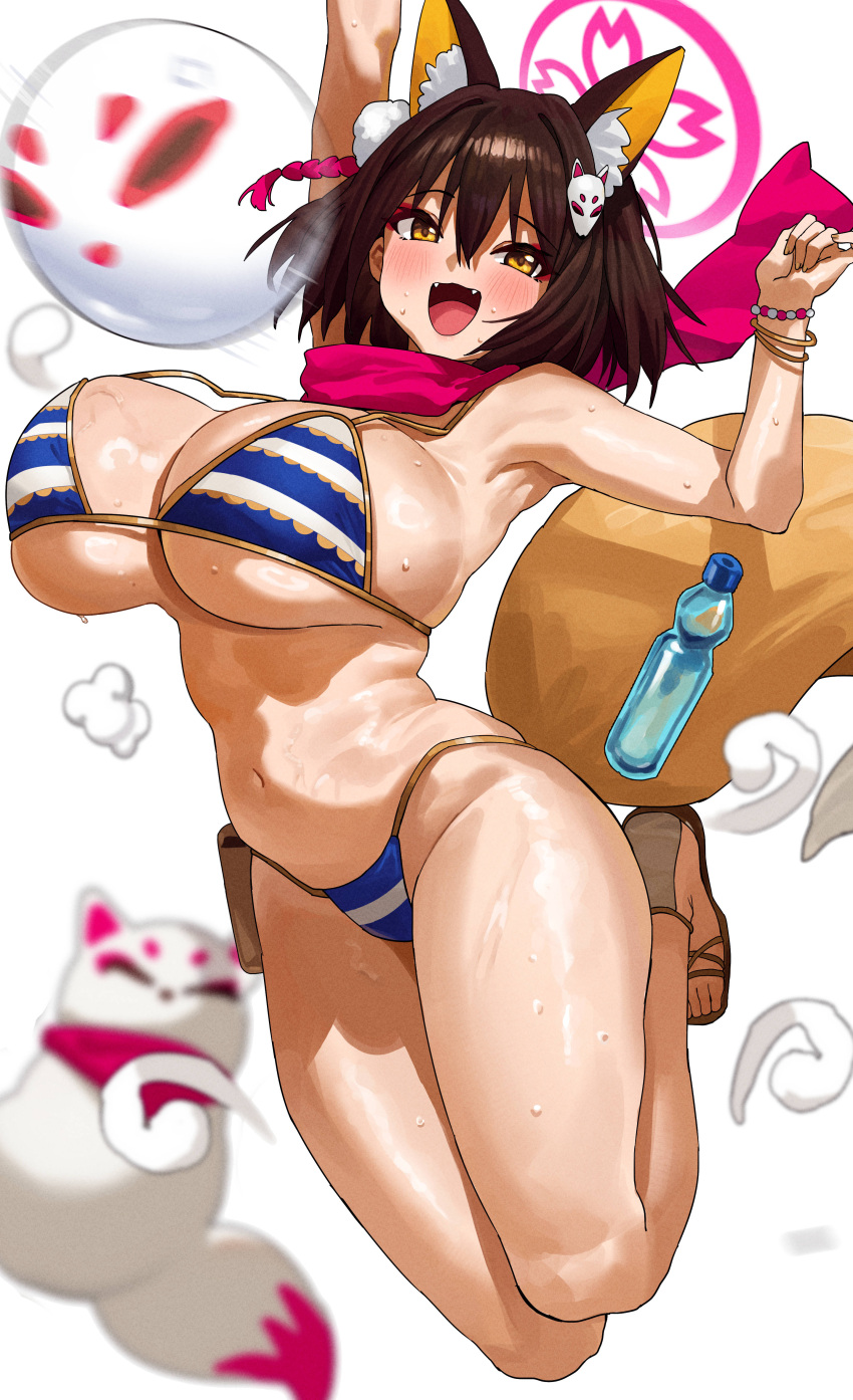 1girl absurdres alternate_breast_size animal_ears armpits bare_arms bare_legs bare_shoulders bikini black_hair blue_archive blush bottle breasts fangs feipin_zhanshi fox_ears fox_tail full_body groin hair_between_eyes halo highres izuna_(blue_archive) izuna_(swimsuit)_(blue_archive) large_breasts looking_at_viewer navel official_alternate_costume open_mouth pink_halo pink_scarf ramune sandals scarf short_hair simple_background smile solo striped_bikini striped_clothes swimsuit tail white_background yellow_eyes