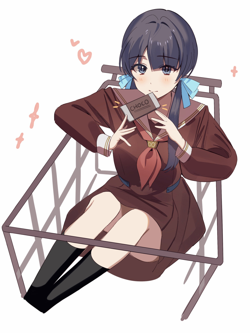 1girl absurdres ankle_socks black_socks blue_eyes blue_hair blue_ribbon blunt_bangs brown_dress candy chocolate chocolate_bar closed_mouth commentary cropped_legs dark_blue_hair dkou dress emphasis_lines food hair_ribbon hasu_no_sora_school_uniform heart highres holding holding_chocolate holding_food in_cart light_smile link!_like!_love_live! long_hair long_sleeves looking_at_viewer love_live! low_twintails murano_sayaka neckerchief pleated_dress red_neckerchief ribbon sailor_collar sailor_dress school_uniform shopping_cart simple_background sitting socks solo sparkle symbol-only_commentary twintails white_background white_sailor_collar winter_uniform