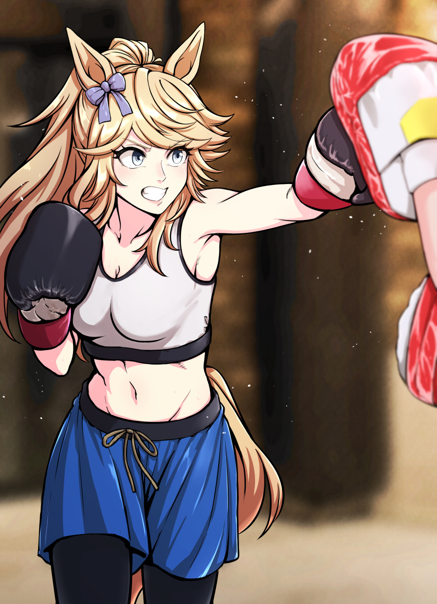 1girl absurdres alternate_hairstyle black_gloves black_leggings blonde_hair blue_bow blue_shorts blurry blurry_background bow boxing boxing_gloves breasts cleavage clenched_teeth commentary commission cowboy_shot crop_top drawstring ear_bow flying_sweatdrops gloves gold_city_(umamusume) grey_eyes groin highres horse_girl horse_tail kantou_rengou leggings midriff navel ponytail shorts sidelocks skeb_commission solo_focus swept_bangs tail tank_top teeth toned training umamusume white_tank_top