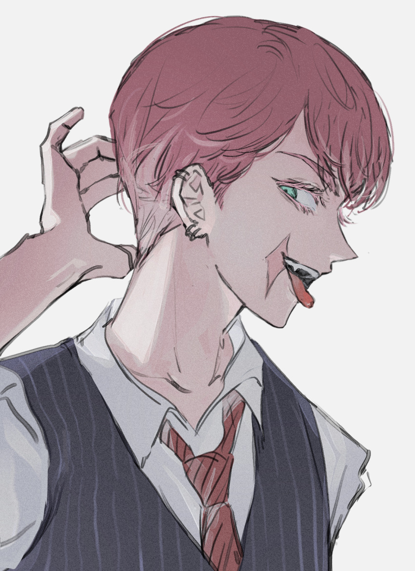 1boy arm_behind_head blue_eyes close-up ear_piercing from_side highres looking_back male_focus necktie nyub piercing pink_hair red_necktie sanzu_haruchiyo shirt short_hair smirk solo striped_clothes suit tokyo_revengers tongue tongue_out white_shirt