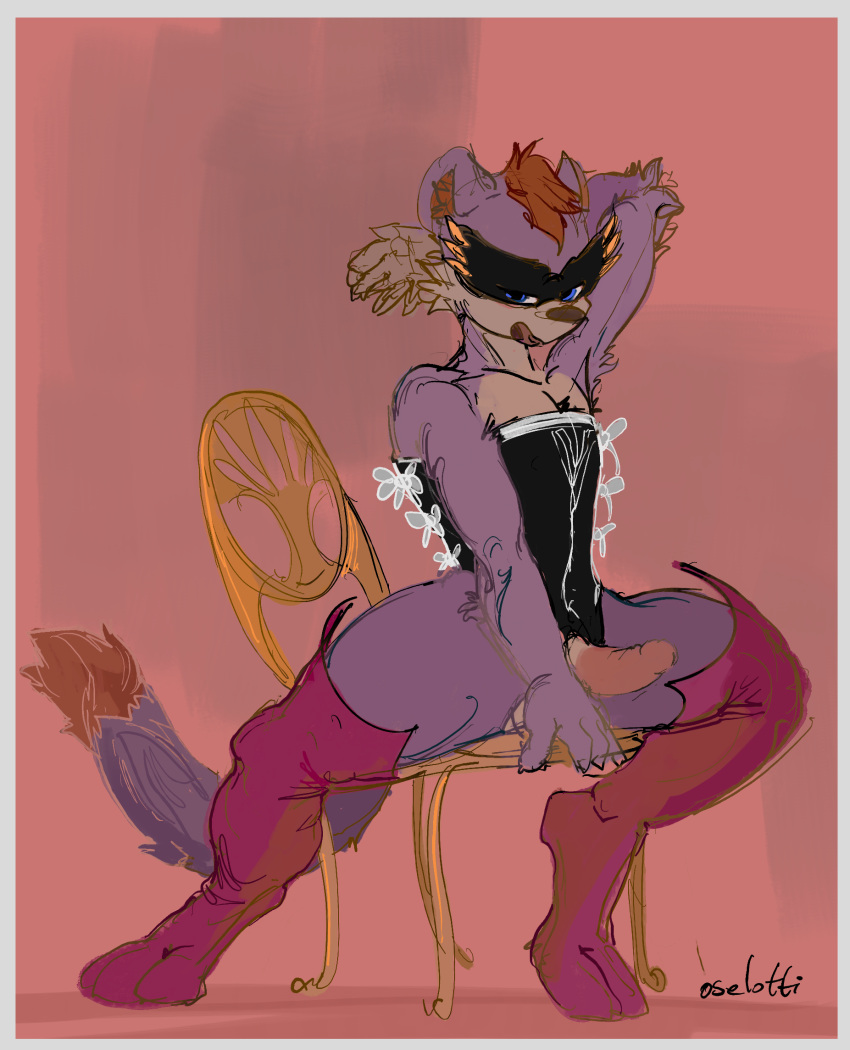 anthro biped blitzstoat_(gyro) blue_eyes chair clothing countershading furniture genitals hi_res lace legwear male mammal markings mask mustelid musteline oselotti paws penis purple_body red_markings stoat stockings tan_body true_musteline weasel