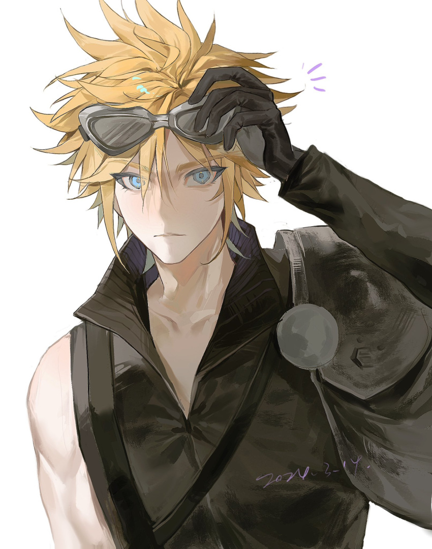 1boy adjusting_eyewear armor asymmetrical_sleeves black_vest blonde_hair blue_eyes cloud_strife commentary dated expressionless final_fantasy final_fantasy_vii final_fantasy_vii_advent_children goggles goggles_on_head hand_up high_collar highres looking_at_viewer male_focus notice_lines pauldrons short_hair shoulder_armor shoulder_strap simple_background single_pauldron solo spiked_hair upper_body vest westttt120 white_background