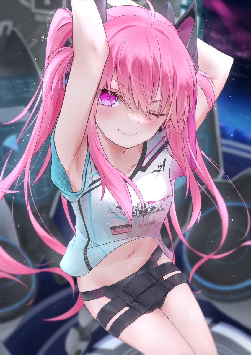 1girl ahoge armpits arms_up belt black_headphones blush breasts grace_(sound_voltex) headphones highres hip_vent kowaku long_hair navel one_eye_closed pink_hair purple_eyes shirt short_sleeves small_breasts sound_voltex stomach t-shirt thighs twintails