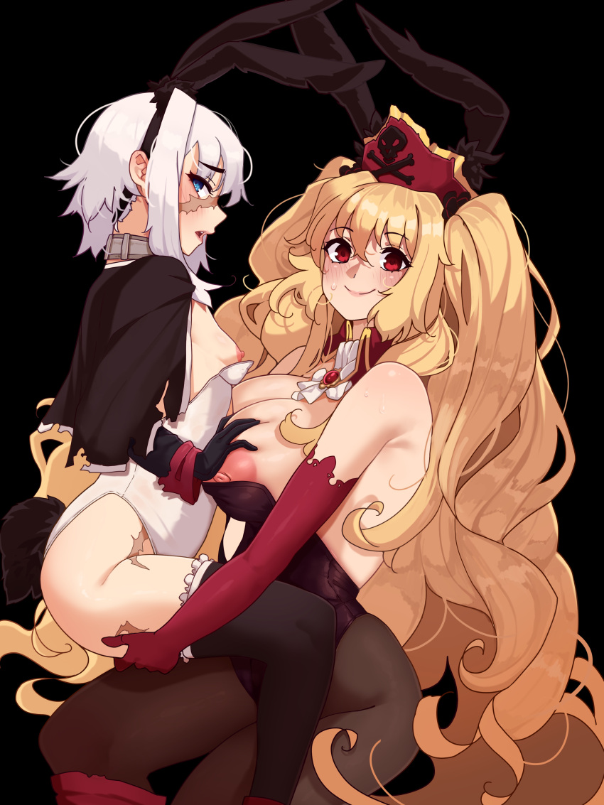 2girls absurdres animal_ears anne_bonny_(fate) bare_shoulders black_jacket black_thighhighs blonde_hair blue_eyes blush breasts brooch brown_pantyhose cleavage collar detached_collar elbow_gloves fake_animal_ears fate/grand_order fate_(series) gloves grabbing grabbing_another's_breast grey_hair hairband hat highres jacket jewelry large_breasts leotard long_hair long_sleeves looking_at_viewer mary_read_(fate) multiple_girls nipple_slip nipples open_mouth pantyhose pirate_hat playboy_bunny rabbit_ears rabbit_tail red_eyes red_gloves red_leotard scar short_hair smile tail thighhighs todding very_long_hair wavy_hair white_leotard yuri