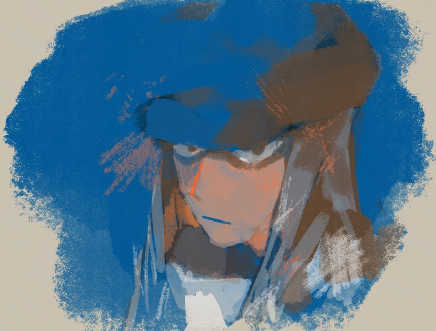 1boy bored cropped_head hat hun_bbokbbok hunter_x_hunter kite_(hunter_x_hunter) long_hair looking_at_viewer painterly sanpaku solo two-tone_background