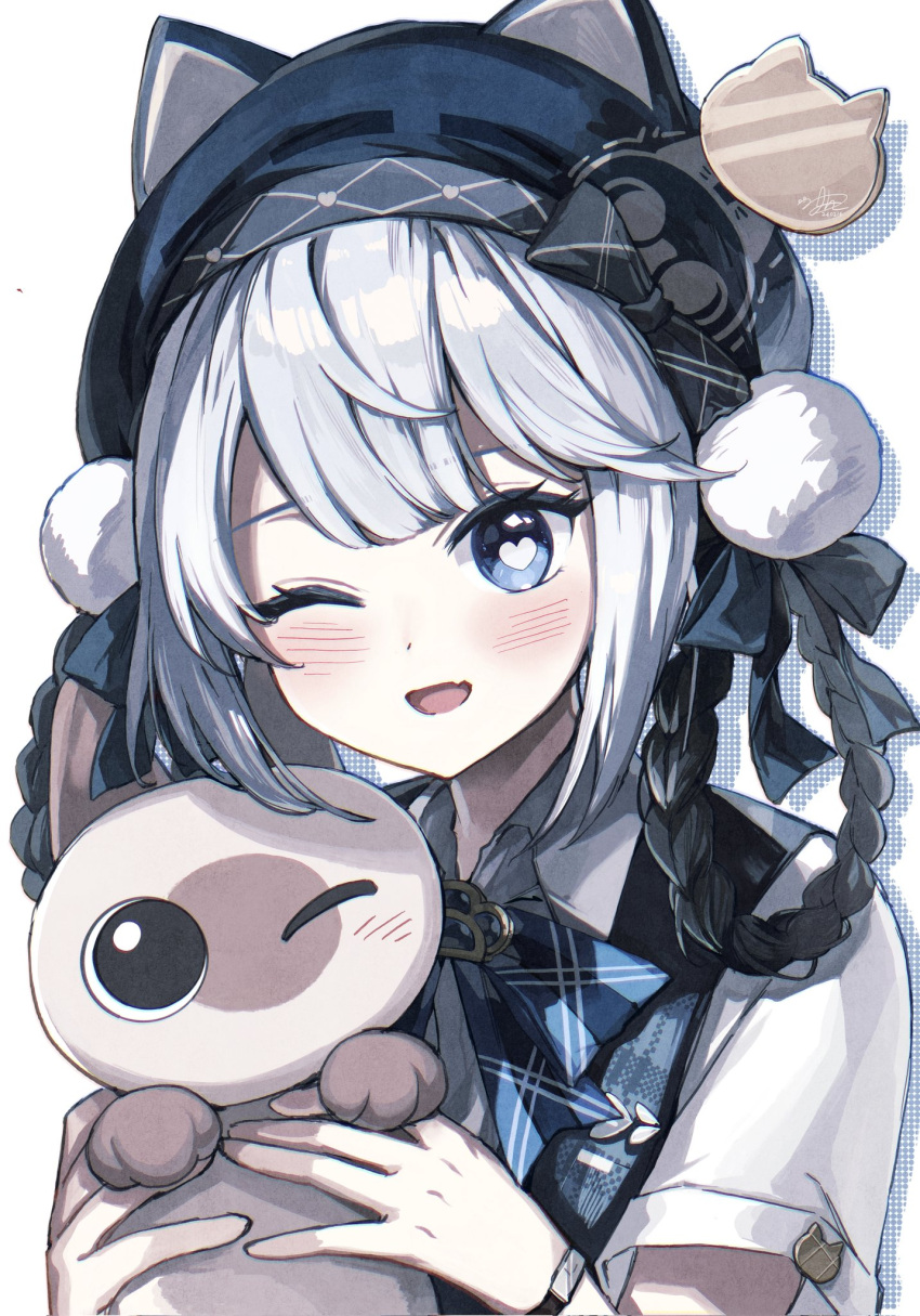 1girl animal_ear_headwear animal_ears bambinata_(punishing:_gray_raven) beret black_hair blue_bow blue_bowtie blue_eyes blush bow bowtie bracelet braided_hair_rings cat_ears checkered_bow checkered_bowtie checkered_clothes collared_shirt doll fang from_side grey_hair hat heart heart-shaped_pupils highres holding holding_doll jewelry official_alternate_costume one_eye_closed open_mouth punishing:_gray_raven shirt short_sleeves sidelocks skin_fang solo stuffed_animal stuffed_cat stuffed_toy sw_haze symbol-shaped_pupils white_hair white_pom_poms white_shirt