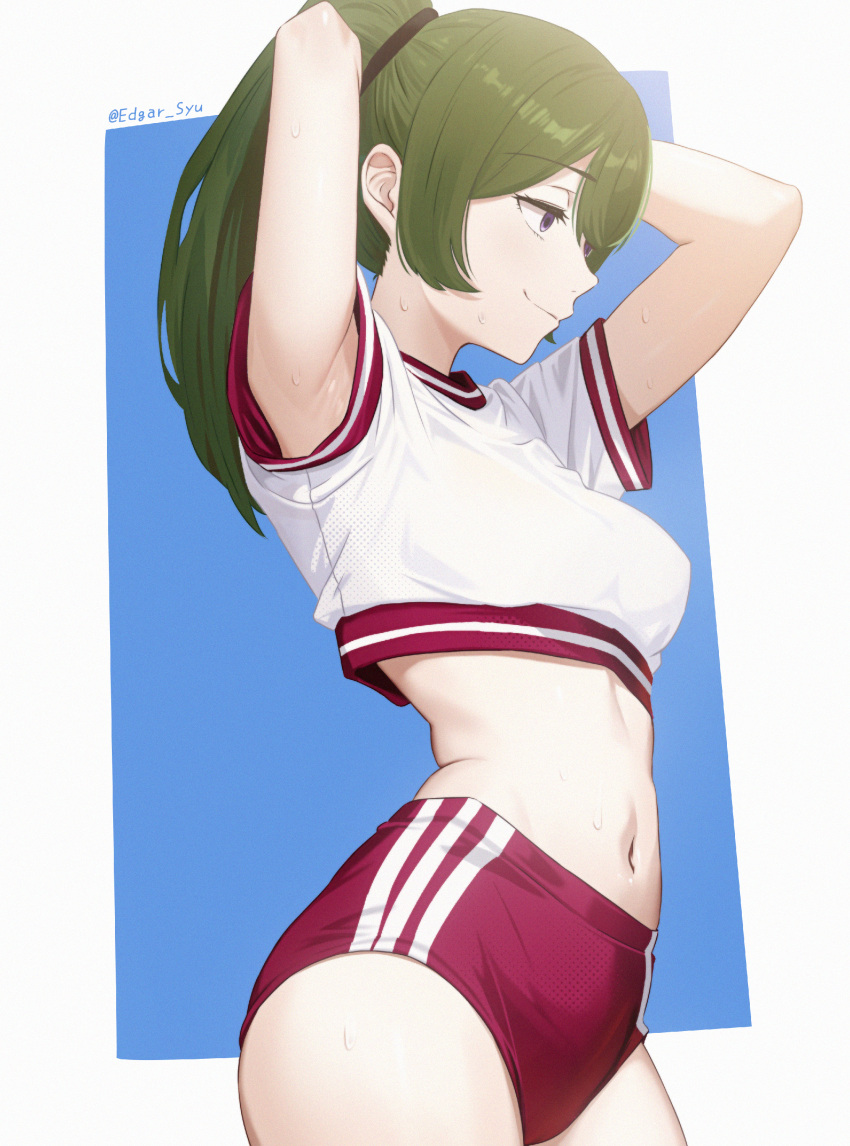 1girl absurdres arms_up border breasts buruma closed_mouth commentary_request cowboy_shot crop_top cropped_shirt edgar_syu film_grain green_hair gym_uniform highres lone_nape_hair long_hair medium_breasts midriff navel outside_border ponytail purple_eyes red_buruma shirt short_sleeves sidelocks solo sousou_no_frieren sweat twitter_username ubel_(sousou_no_frieren) white_border white_shirt