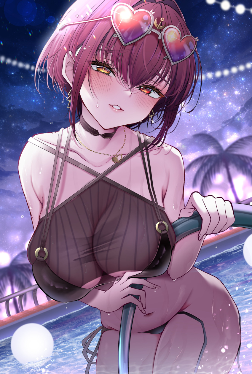 1girl absurdres bare_shoulders bikini black_bikini black_choker blush breasts choker collarbone criss-cross_halter eyewear_on_head hair_between_eyes halterneck heart heart-shaped_eyewear heart_necklace heterochromia highres hinoki_kahun0 hololive houshou_marine jewelry large_breasts looking_at_viewer navel necklace night pool red_eyes red_hair short_hair smile solo string_bikini sunglasses swimsuit thighs virtual_youtuber yellow_eyes