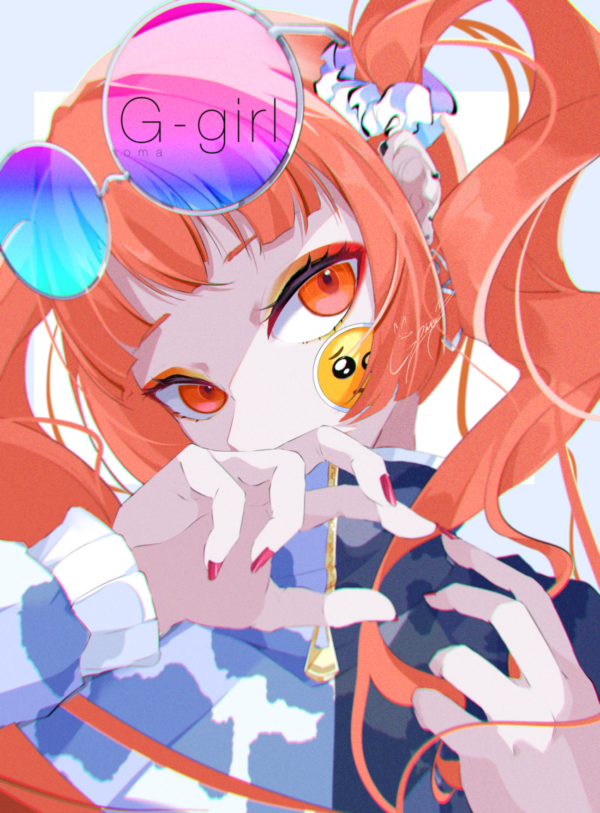 1girl absurdres emoji english_text eyewear_on_head fingernails goma_irasuto highres long_hair looking_at_viewer nail_polish orange_eyes orange_hair orange_theme original pink_nails pleading_face_emoji solo sticker sticker_on_face sunglasses twintails