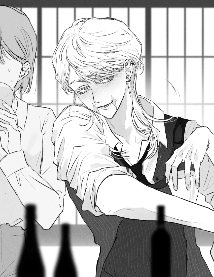 1boy 1girl blush cup drunk ear_piercing faceless faceless_female greyscale highres holding holding_cup indoors leaning_to_the_side looking_to_the_side loose_necktie monochrome necktie nudge nyub piercing sanzu_haruchiyo scar scar_on_face shouji sleeves_rolled_up sliding_doors striped_clothes suit tokyo_revengers upper_body wolf_cut