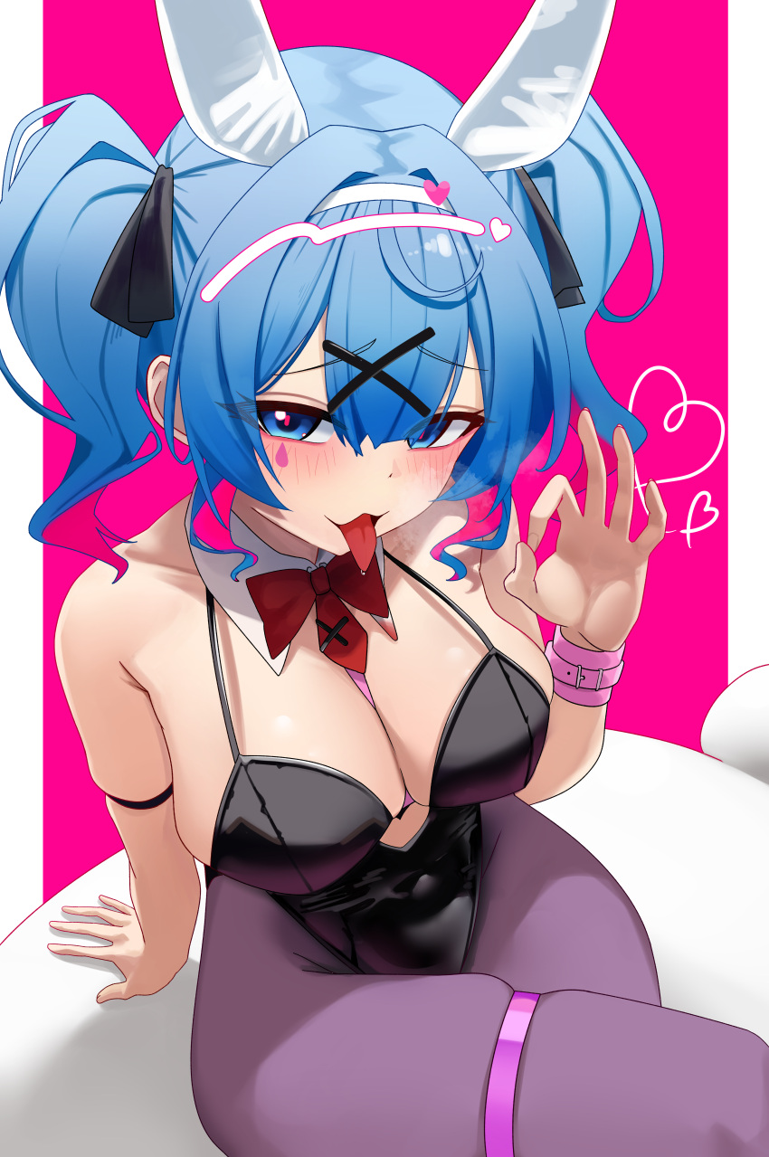 1girl absurdres animal_ears bare_shoulders black_leotard blue_eyes blue_hair blush bow bowtie breasts cleavage clothing_cutout crossed_legs cutout_above_navel detached_collar fake_animal_ears hair_ornament hatsune_miku heart_cutout highres large_breasts leotard looking_at_viewer mcbox pantyhose pink_pupils playboy_bunny purple_pantyhose rabbit_ears rabbit_hole_(vocaloid) solo stomach_cutout teardrop_facial_mark tongue tongue_out twintails vocaloid x_hair_ornament
