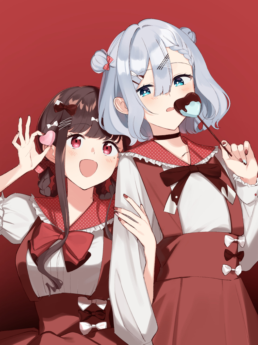 2girls alternate_hairstyle arm_grab asaka_kaori black_choker blue_eyes blush bow bowtie braid braided_bangs brown_hair chocolate choker collarbone commentary_request cowboy_shot double_bun grey_hair hair_between_eyes hair_bow hair_bun hair_rings happy_valentine highres hoshikawa_shizuku kimi_to_tsuzuru_utakata long_hair long_sleeves looking_at_viewer mole mole_on_neck mole_under_eye multiple_girls nail_polish open_mouth polka_dot polka_dot_bow puffy_short_sleeves puffy_sleeves red_background red_bow red_bowtie red_eyes red_nails red_sailor_collar red_skirt sailor_collar shirt short_hair short_sleeves sidelocks skirt smile textless_version valentine white_shirt yuama_(drop)