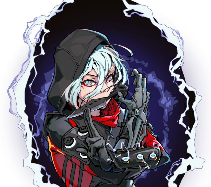 1girl animification apex_legends black_jacket blue_eyes eyeliner gloves grey_gloves grey_hair hair_between_eyes hood hood_up hooded_jacket jacket knife_in_mouth kuji-in kunai makeup official_alternate_costume open_hand portal_(object) red_eyeliner rift_stalker_wraith solo weapon whibiki wraith's_kunai wraith_(apex_legends)