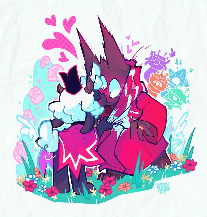 ambiguous_gender anthro barefoot blush bovid caprine clothed clothing cult_of_the_lamb digital_media_(artwork) domestic_cat duo_focus feet felid feline felis flower fully_clothed fur grass group heart_symbol heket_(cult_of_the_lamb) hi_res kallamar_(cult_of_the_lamb) kissing lamb_(cult_of_the_lamb) leshy_(cult_of_the_lamb) mammal massive_monster_(studio) narinder nyanaknifegal plant shamura_(cult_of_the_lamb) sheep signature standing white_body white_fur white_wool wool_(fur)