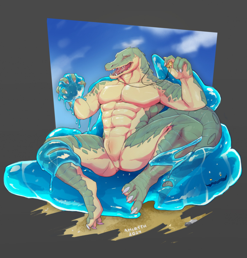 3_toes 4_fingers abs amiryth animal_genitalia anthro blue_sky butt claws cloud crocodile crocodilian crocodylid feet fingers genital_slit genitals goo_creature hi_res league_of_legends male multicolored_body navel nude open_mouth pecs renekton reptile riot_games scales scalie sky solo spread_legs spreading tail toe_claws toes tongue two_tone_body whistle_(object) yellow_eyes zac_(lol)