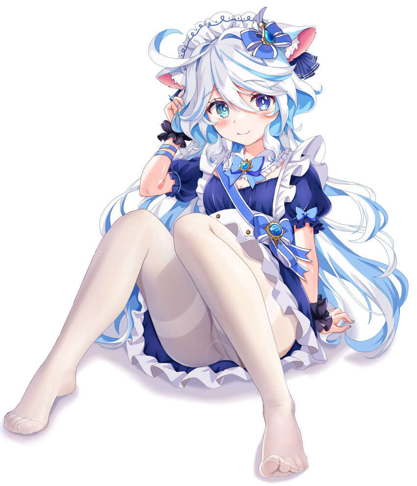 1girl absurdres ahoge alternate_costume animal_ear_fluff animal_ears apron blue_bow blue_dress blue_eyes blue_hair blue_nails blush bow cat_ears chinese_commentary closed_mouth commentary_request dress enmaided feet frilled_dress frills full_body furina_(genshin_impact) genshin_impact hair_between_eyes heterochromia highres kemonomimi_mode knees_up legs light_blue_hair long_hair looking_at_viewer maid maid_apron maid_headdress multicolored_hair nail_polish no_shoes panties panties_under_pantyhose pantyhose puffy_short_sleeves puffy_sleeves short_sleeves simple_background sitting smile solo streaked_hair thighband_pantyhose toes two-tone_hair underwear white_background white_hair white_panties white_pantyhose wrist_cuffs yuki_kokoro